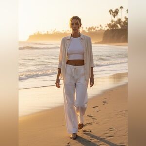 Minimalist White Cotton Pants Elastic Waist Size M Coastal Grandmacore Lounge